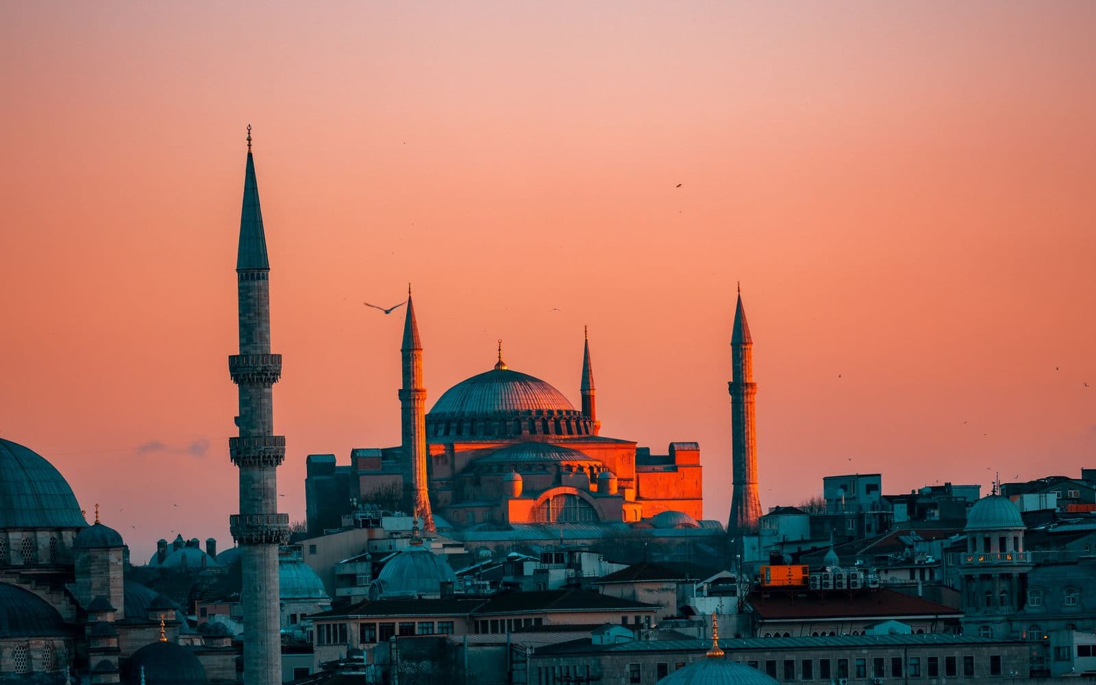 Hagia Sophia's domes and minarets against a sunset sky, Istanbul