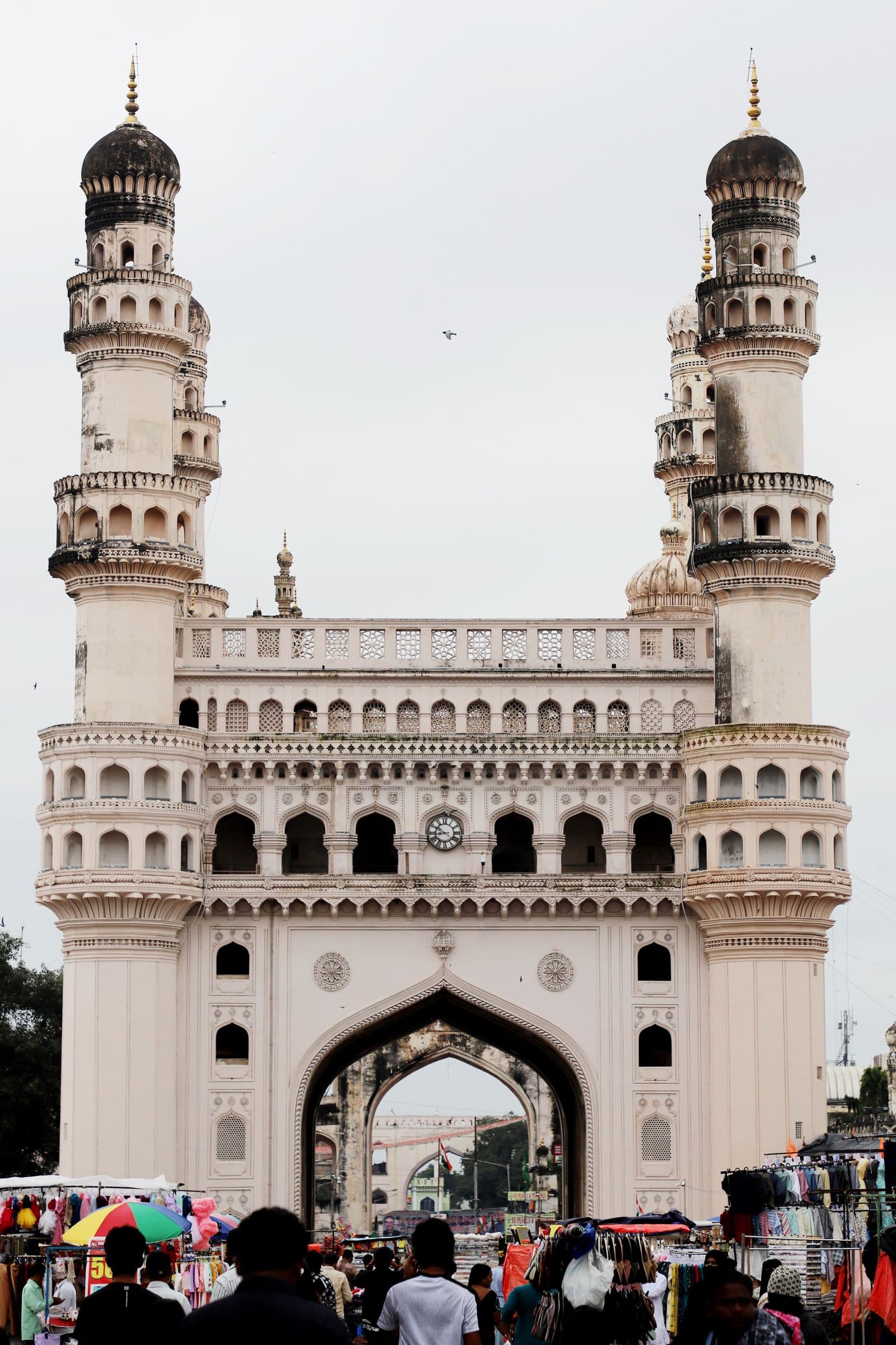 The Charminar monument in Hyderabad with the market street around it