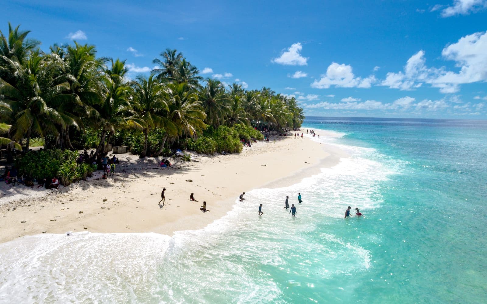 Palm-backed white sand beach and turquoise shallows in the Seychelles