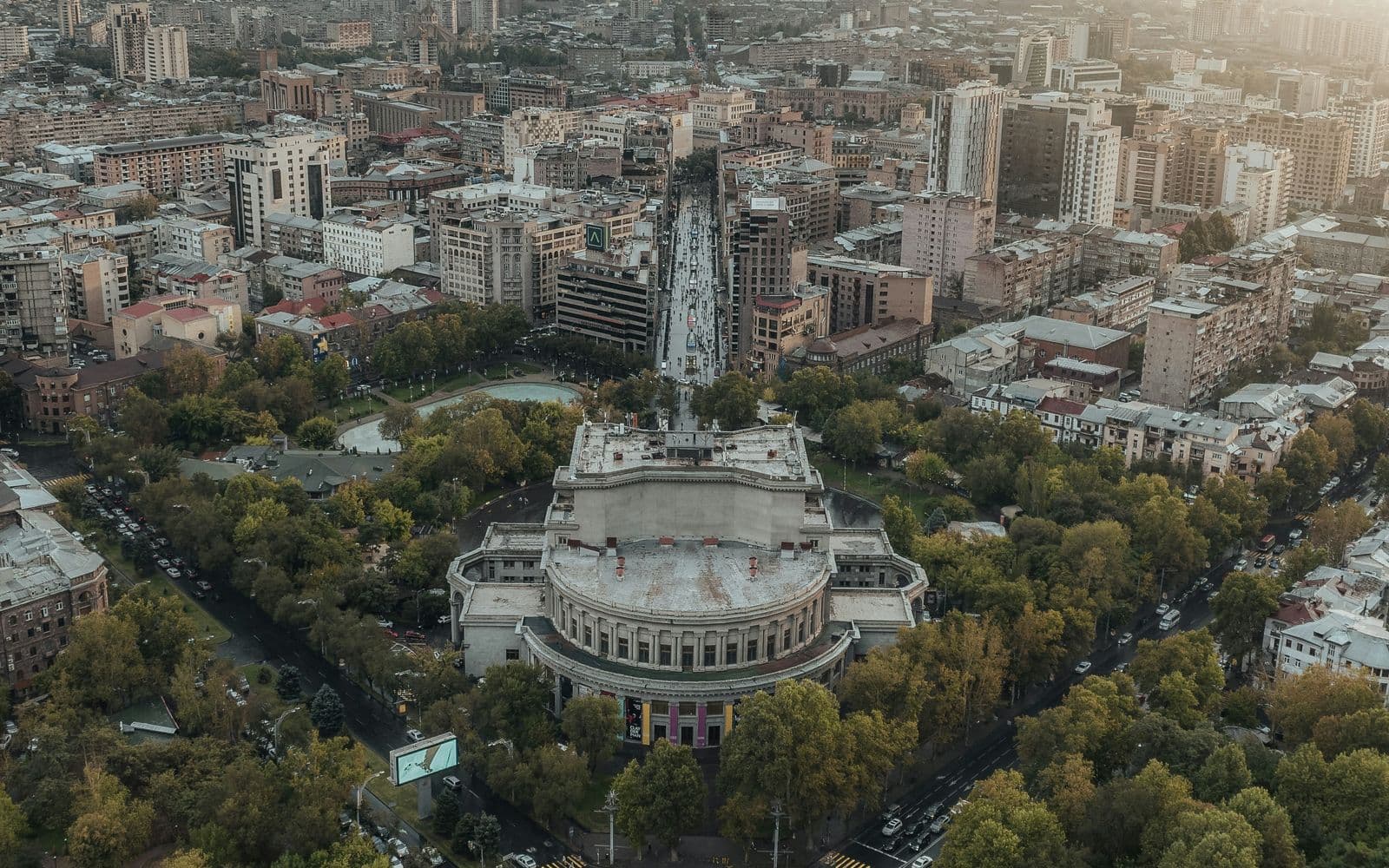 Aerial view of the Yerevan opera house and the city around it, Armenia