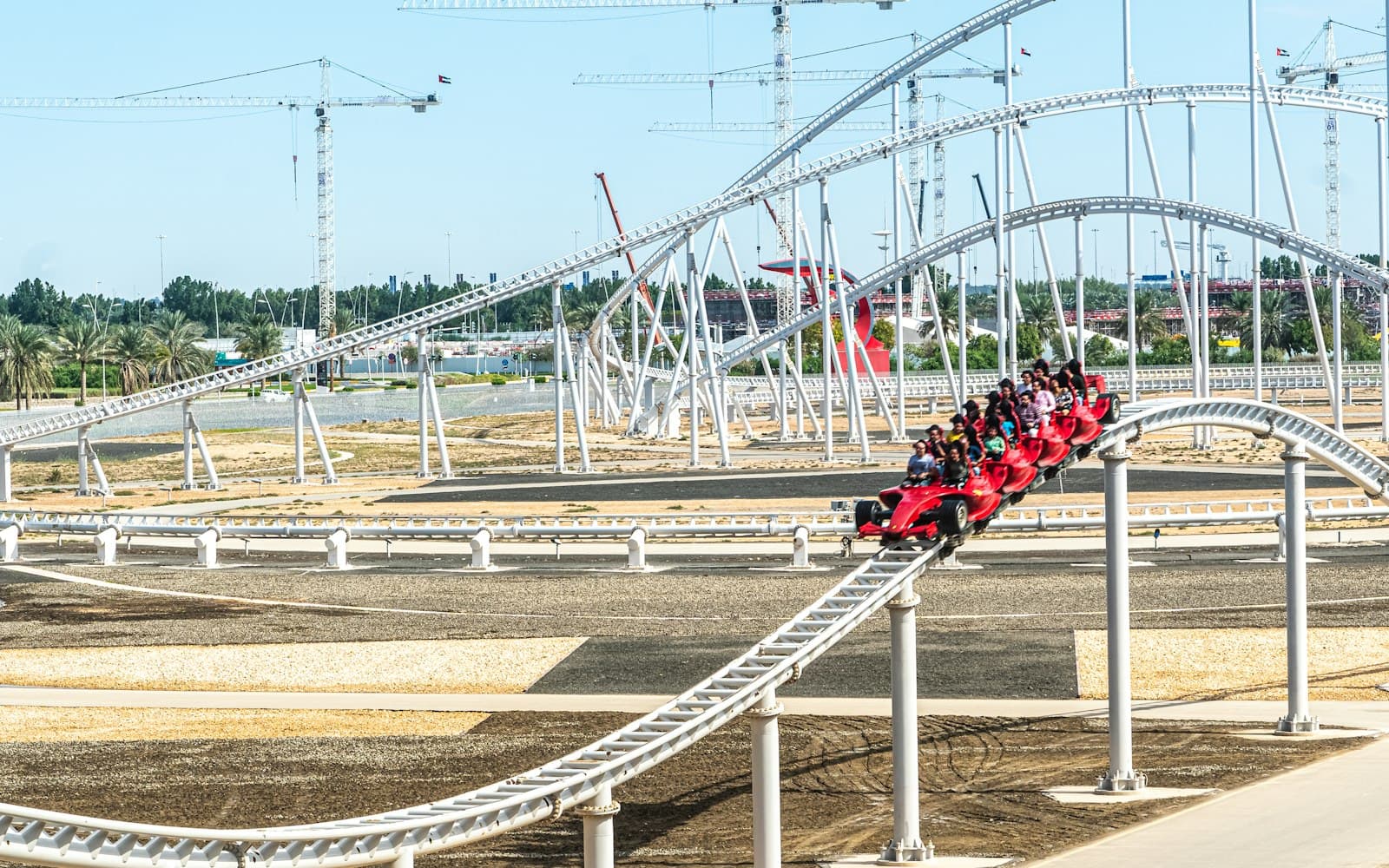 The red Formula Rossa coaster train on its track at Ferrari World, Yas Island