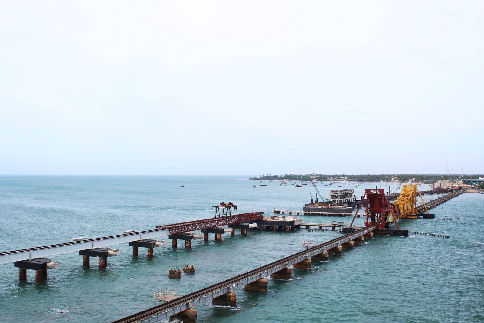 Aerial view of the Pamban Bridge connecting Mandapam with Rameswaram on Pamban Island