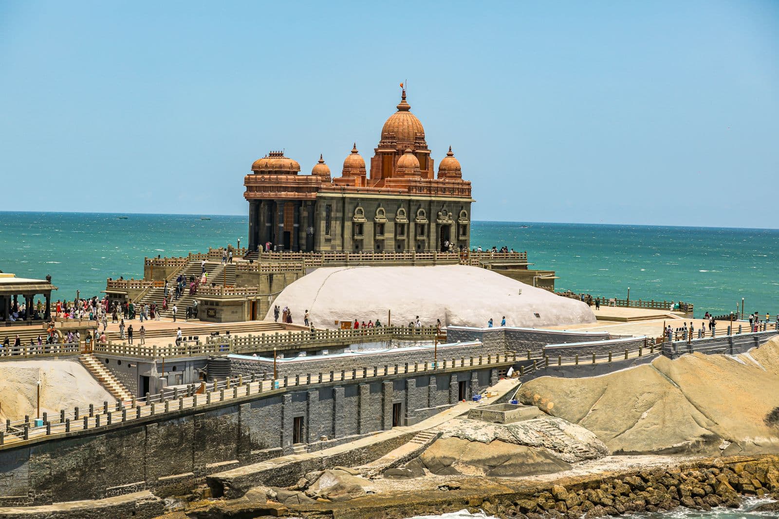 The Vivekananda Rock Memorial standing offshore at Kanyakumari with open ocean around it