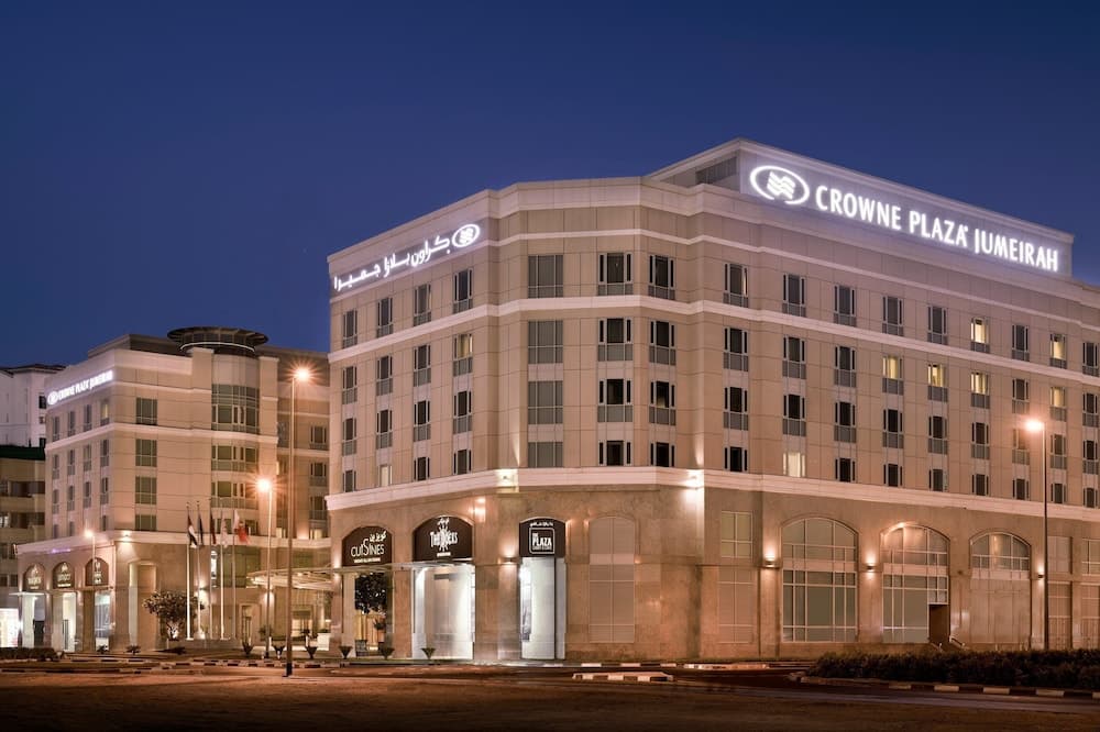Front of Crowne Plaza Dubai Jumeirah at dusk