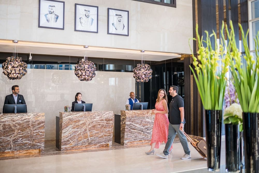 Lobby and reception at Radisson Blu Hotel, Dubai Canal View