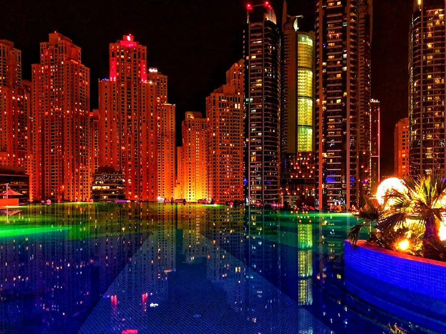Dubai Marina lit up at night