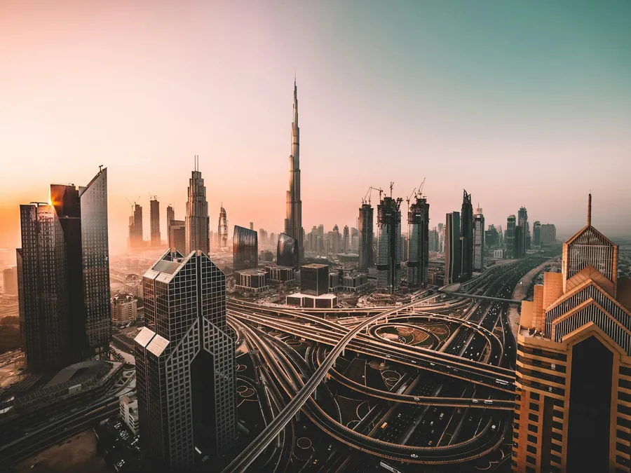 Dubai skyline with Burj Khalifa at dusk