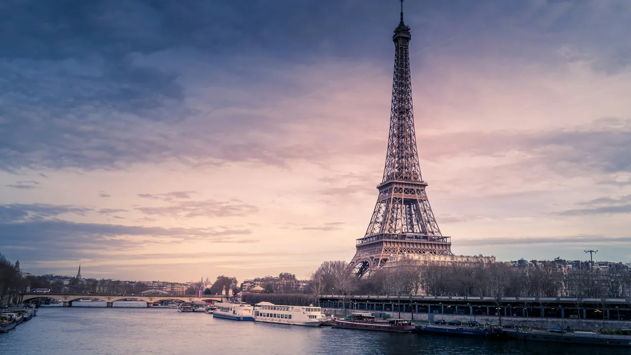 Eiffel Tower and the Seine at dusk, Paris
