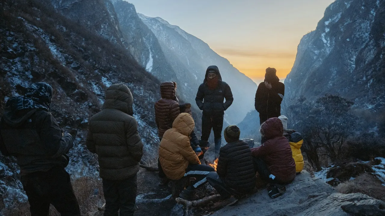 Trekkers resting in a Himalayan valley, Nepal