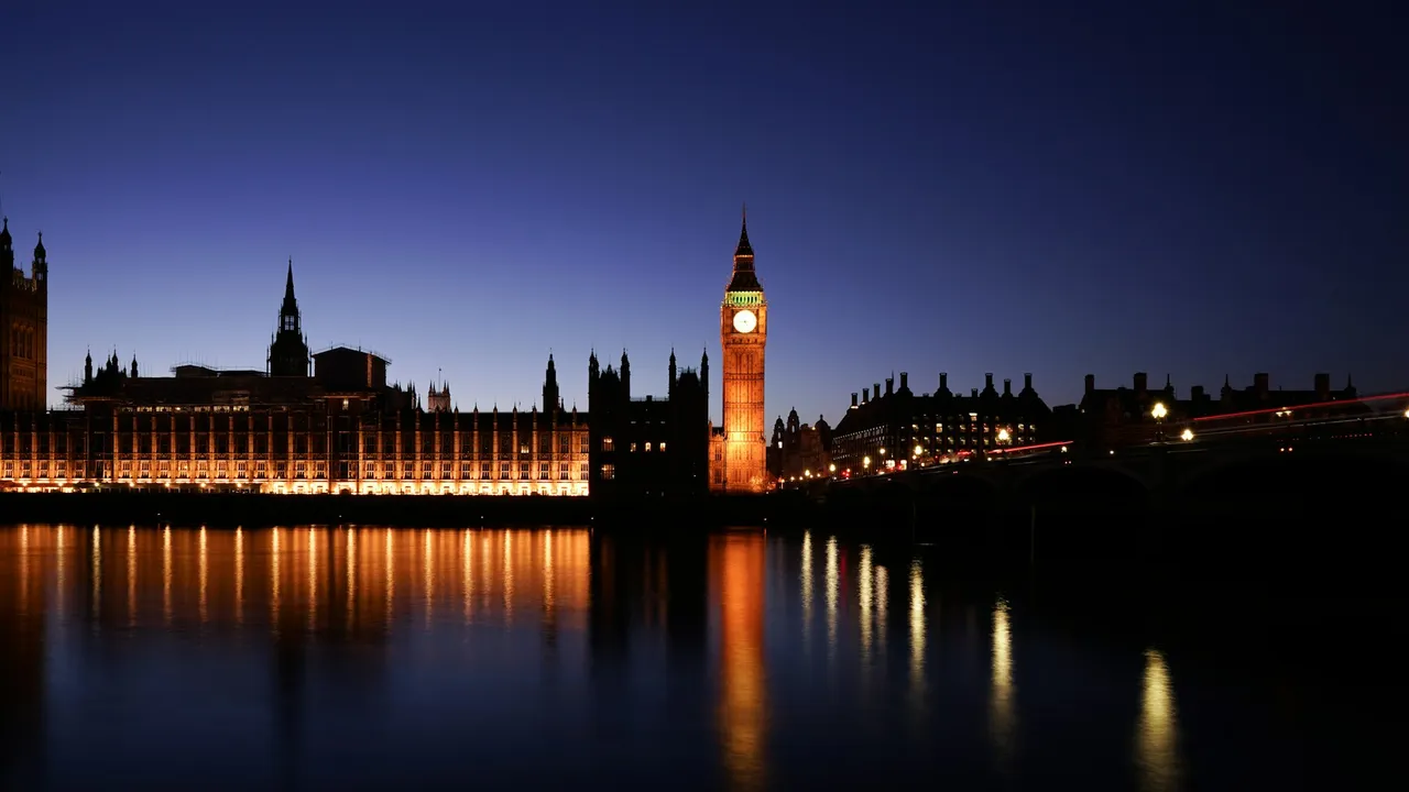Houses of Parliament lit up at night, London