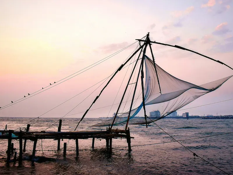 Chinese fishing nets at sunset, Fort Kochi